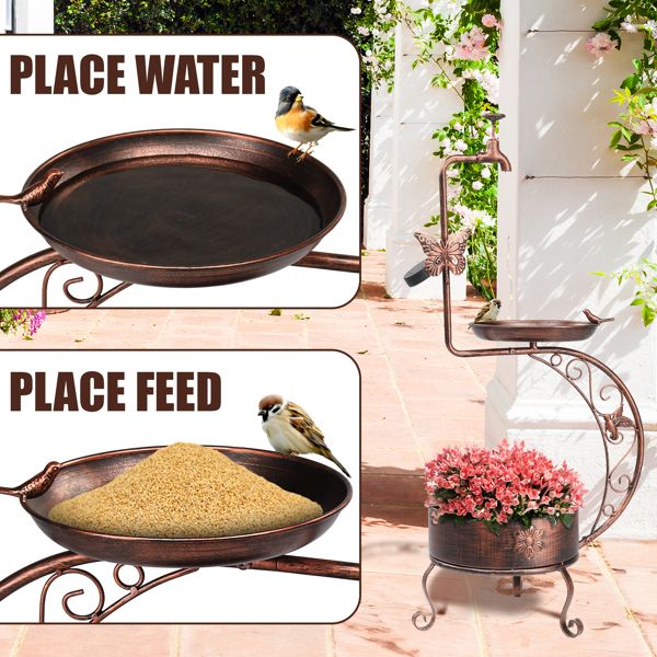 Vintage Bronze Bird Bath with Solar Light and Planter Features