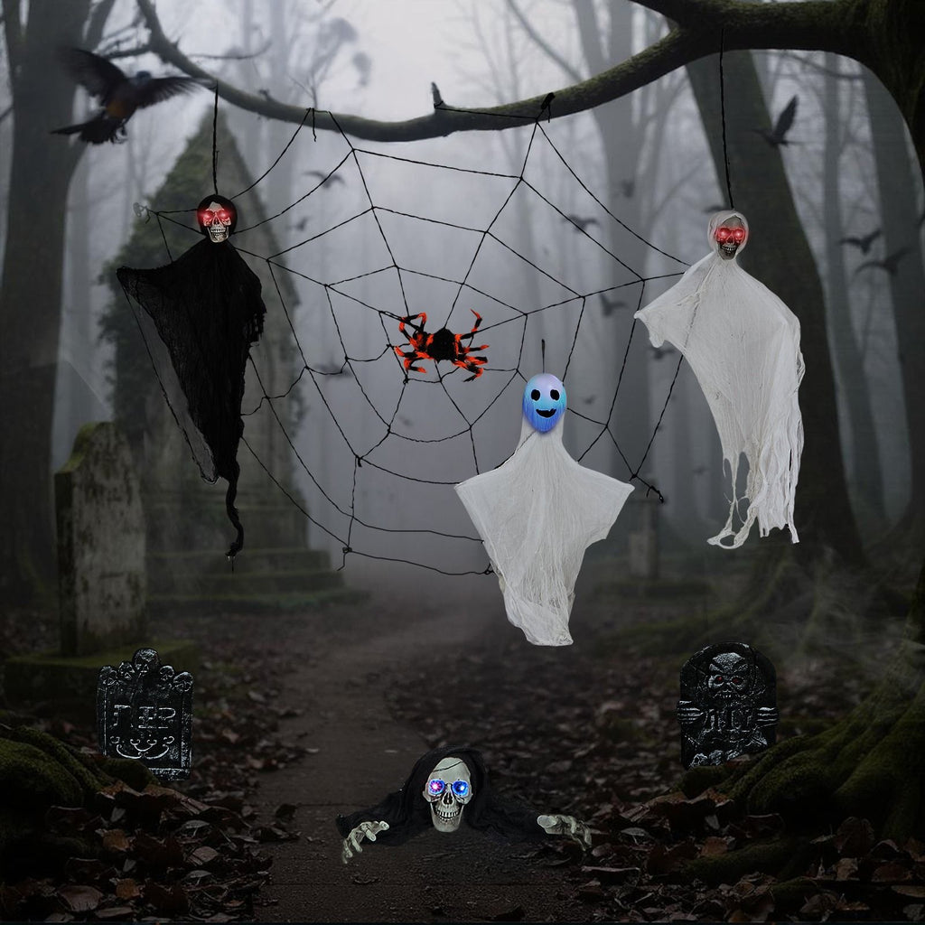 Halloween Decoration Set with Ghosts, Skeletons, Gravestones and Web Scene