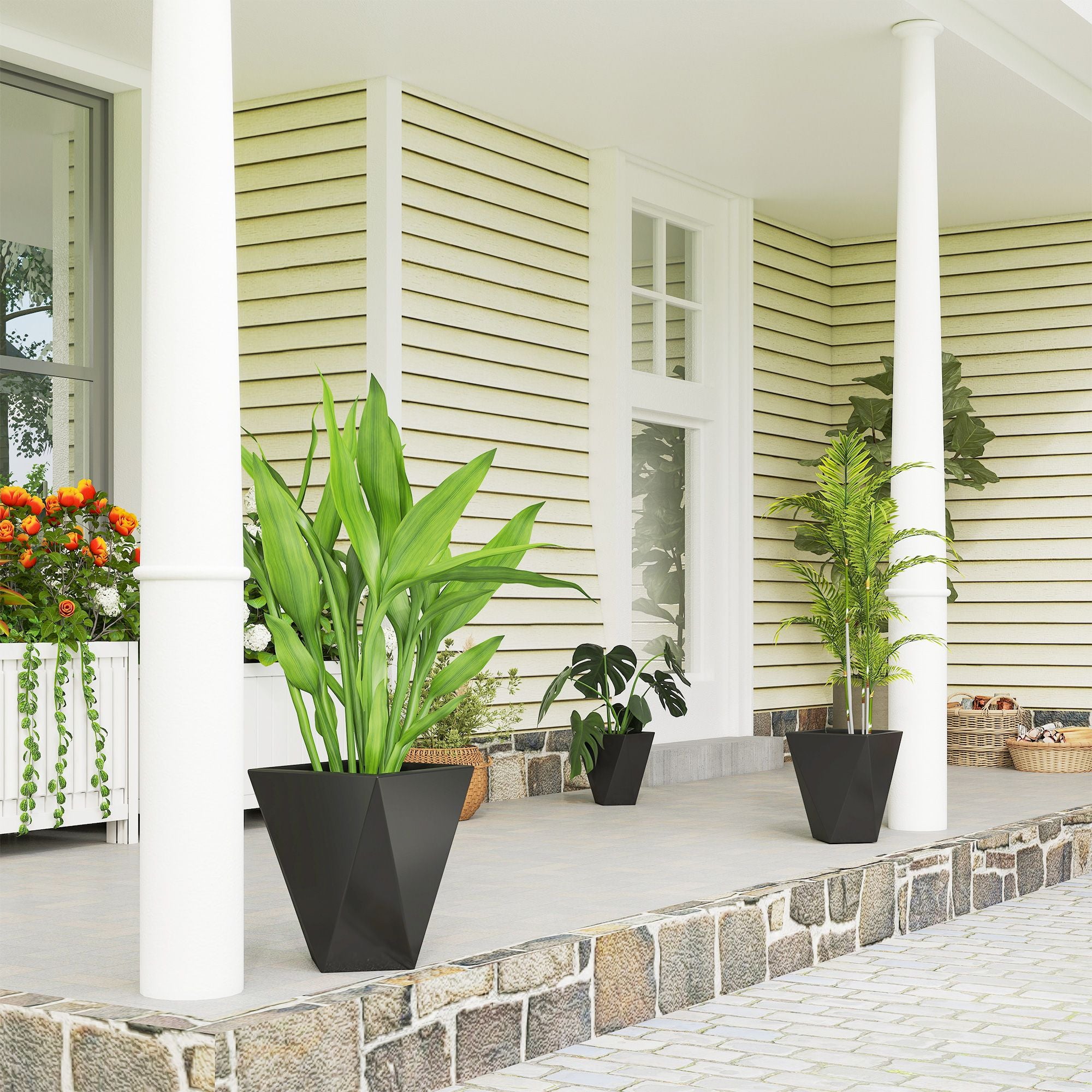 Modern Black Planters On Patio With Plants