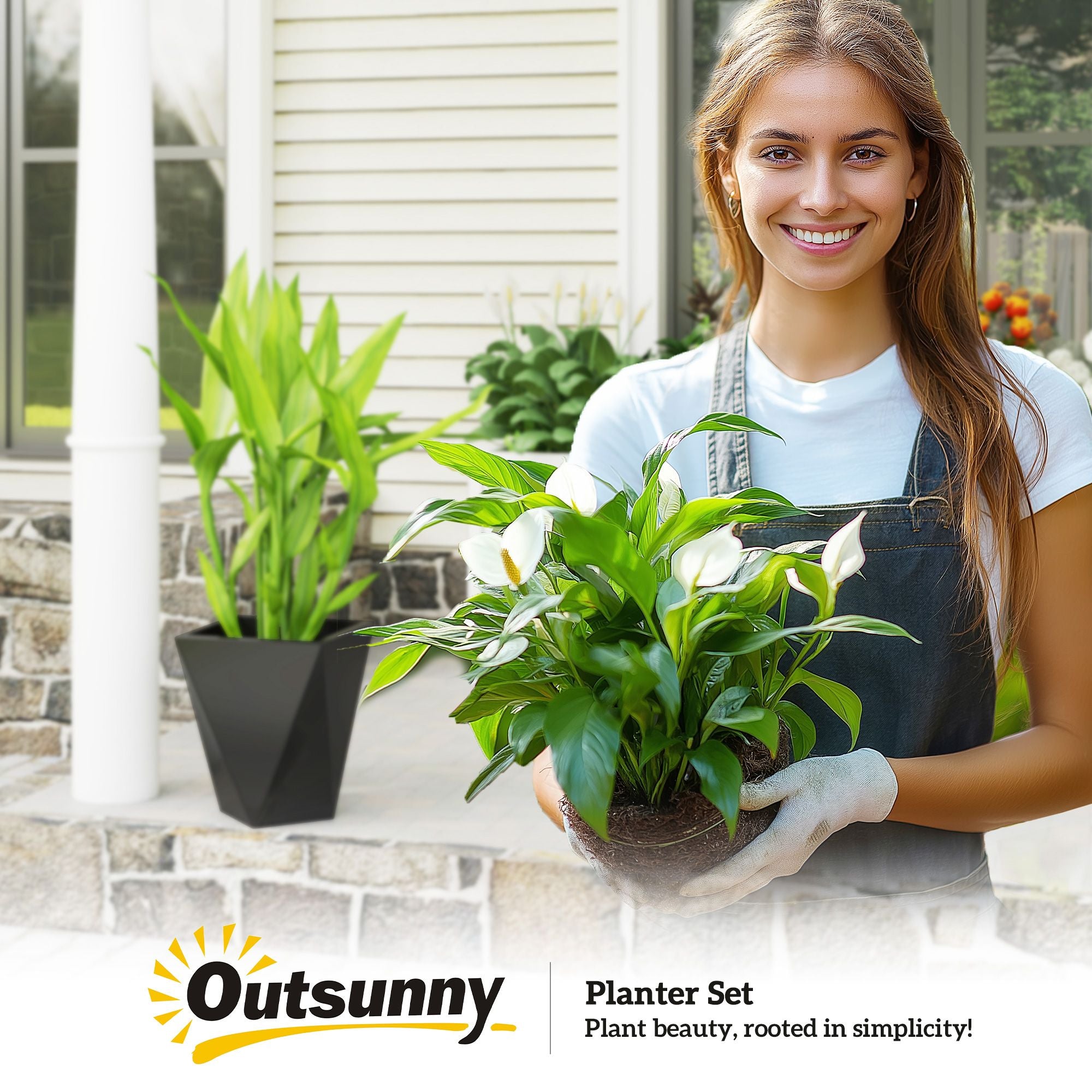 Modern Black Planters With Woman Holding A Plant