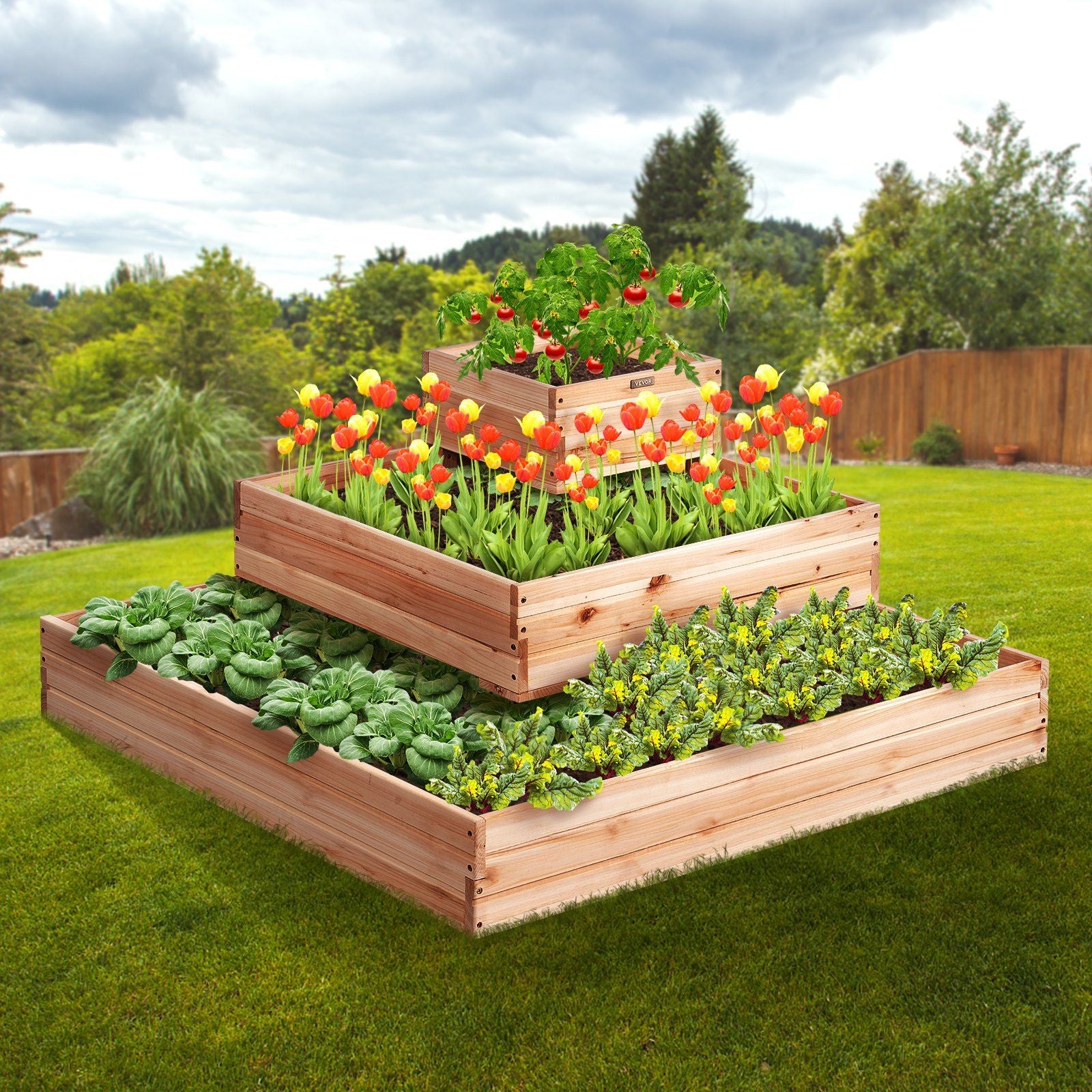 Square Wooden Garden Bed Planter In A Garden Setting