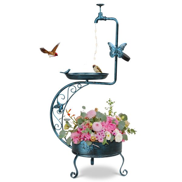 Vintage Metal Bird Bath with Solar Light and Planter