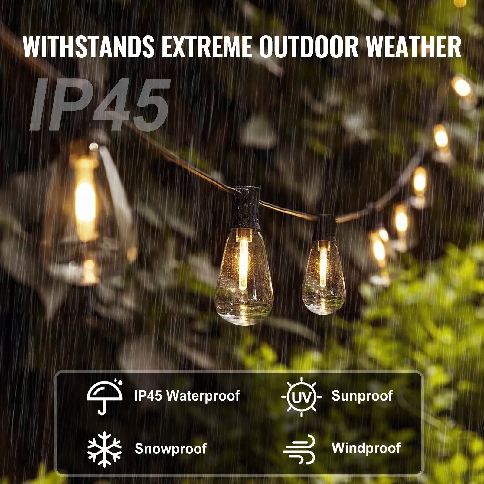 Outdoor LED String Lights 50FT With 15 Shatterproof Bulbs Weather Features