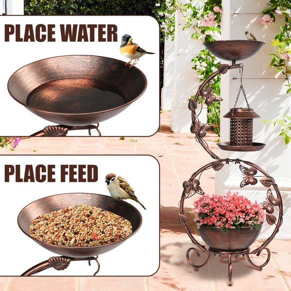 Solar Powered Bird Feeder, Bath and Decorative Planter Stand Features