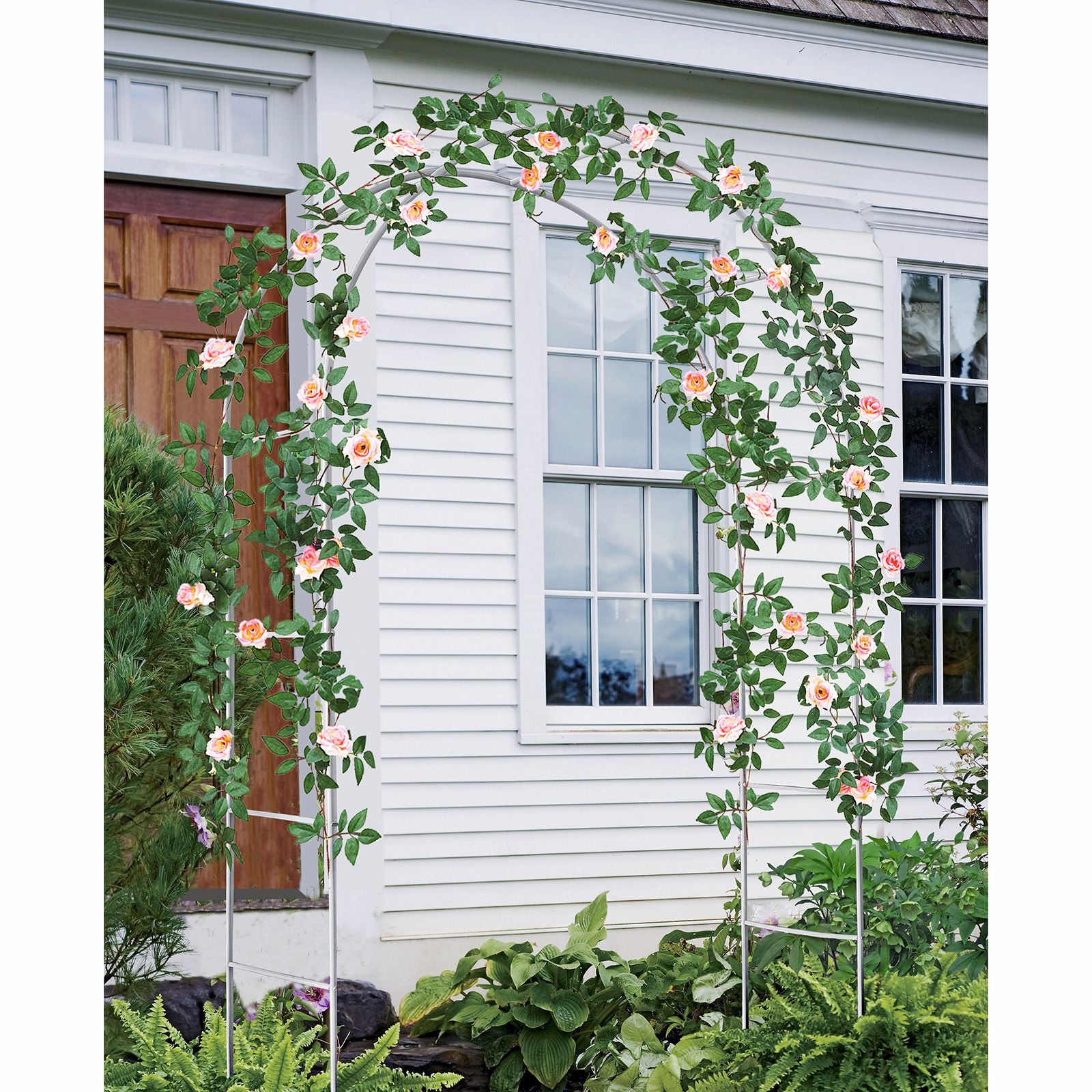 White Adjustable Garden Arch Trellis In Garden setting