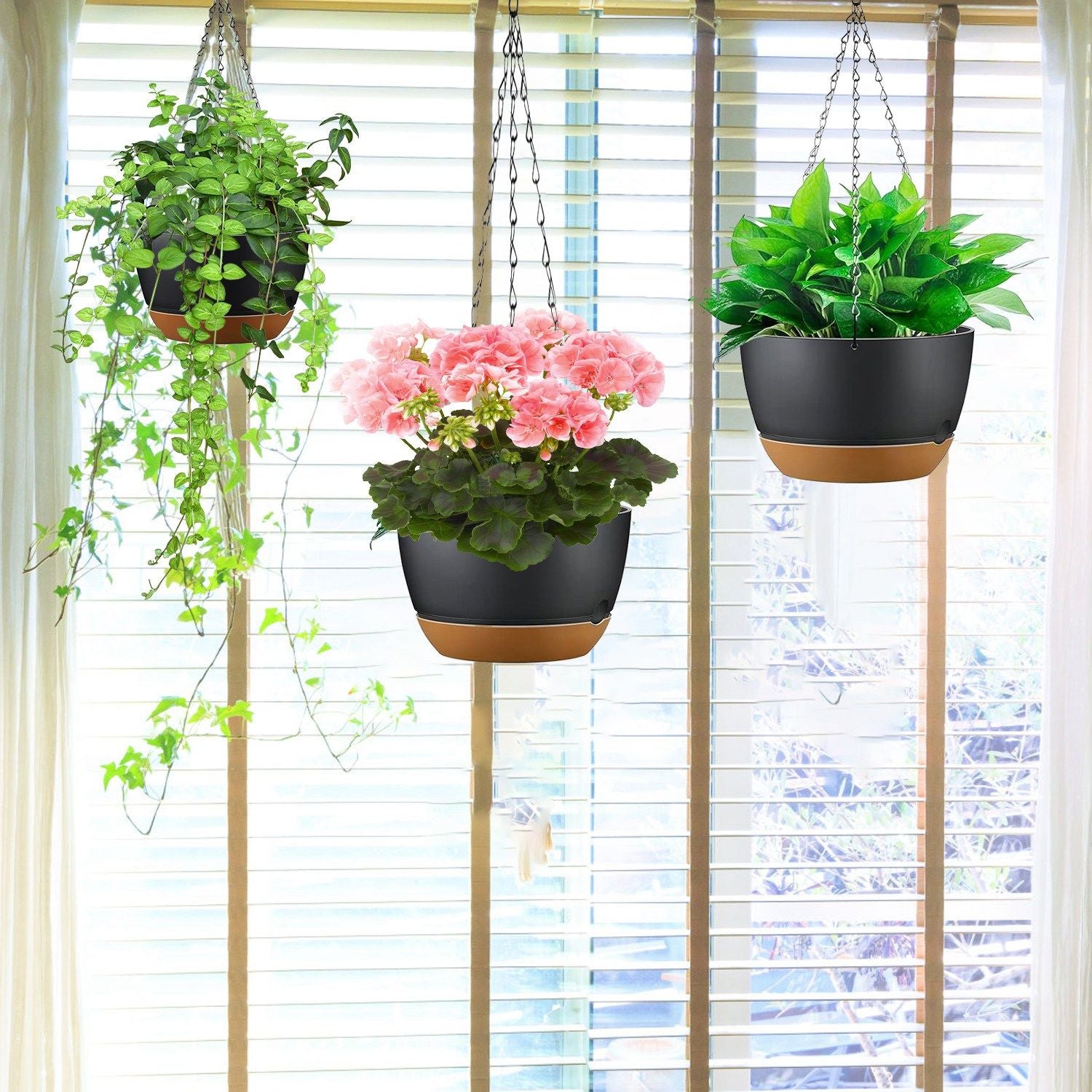 Hanging Plant Pots with Drainage and Tray, 3 Hanging Plants at Window