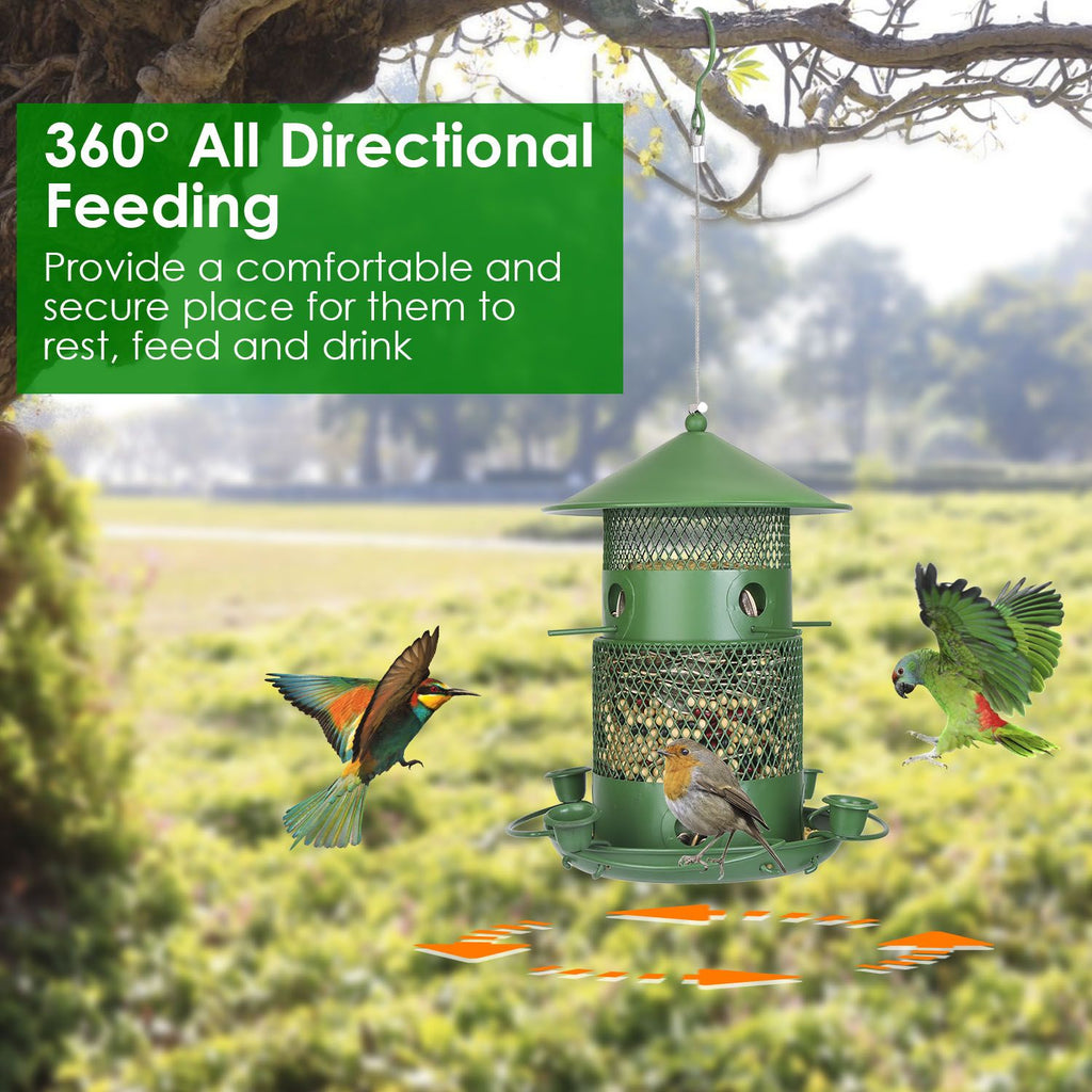 Wild Bird Seed Feeder with Water Cups and Perches Hanging From Tree
