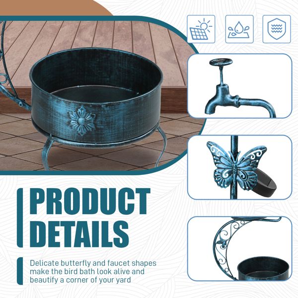 Vintage Metal Bird Bath with Solar Light and Planter Product Details