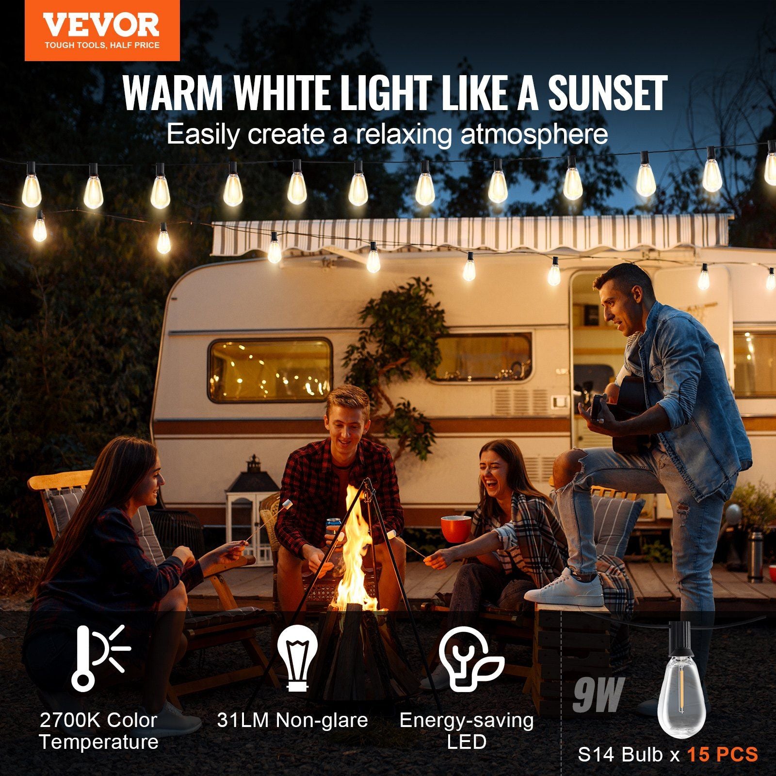 Outdoor LED String Lights 50FT With 15 Shatterproof Bulbs Light Information