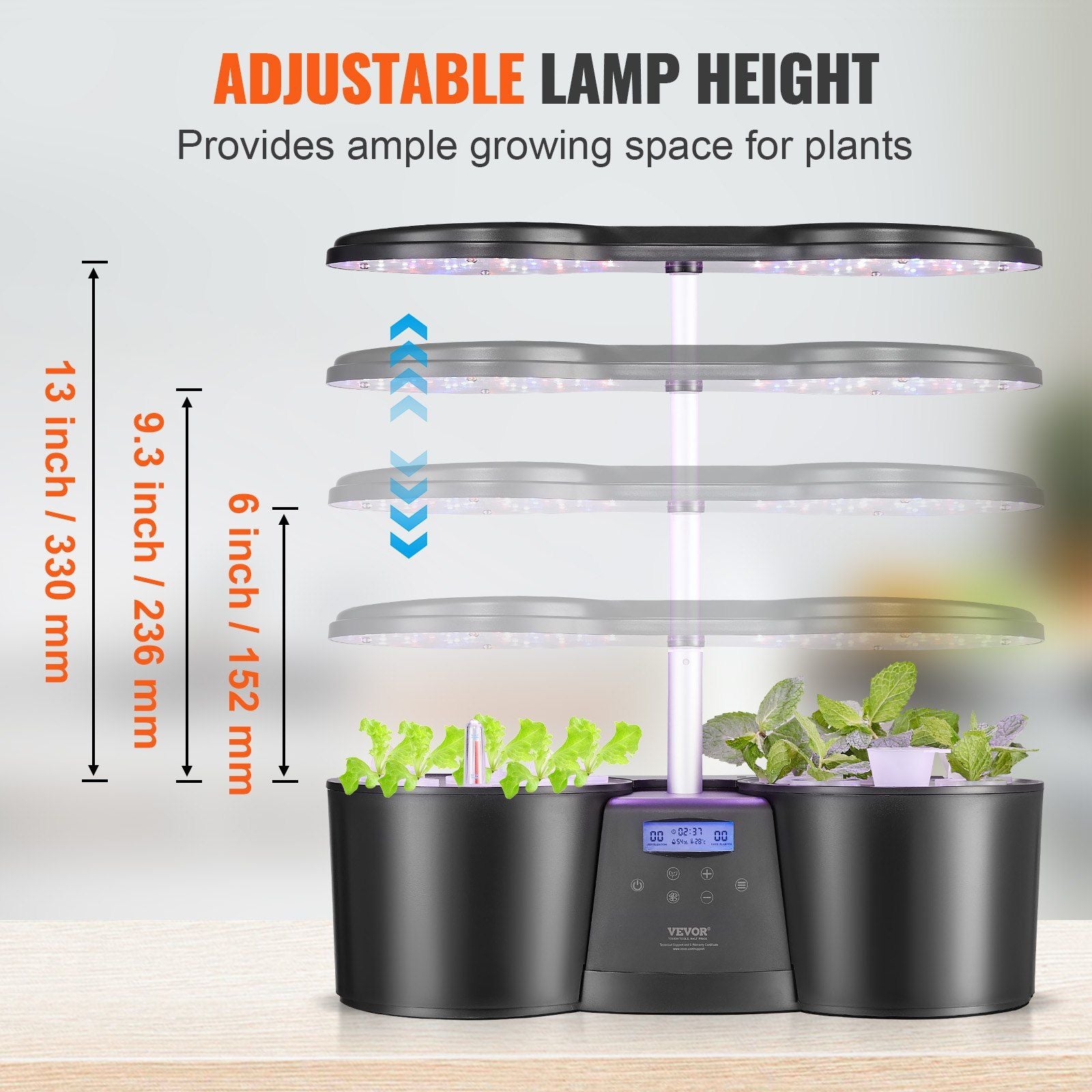 Indoor Herb Garden Kit with Water Tank and LED Showing Adjustable Heights