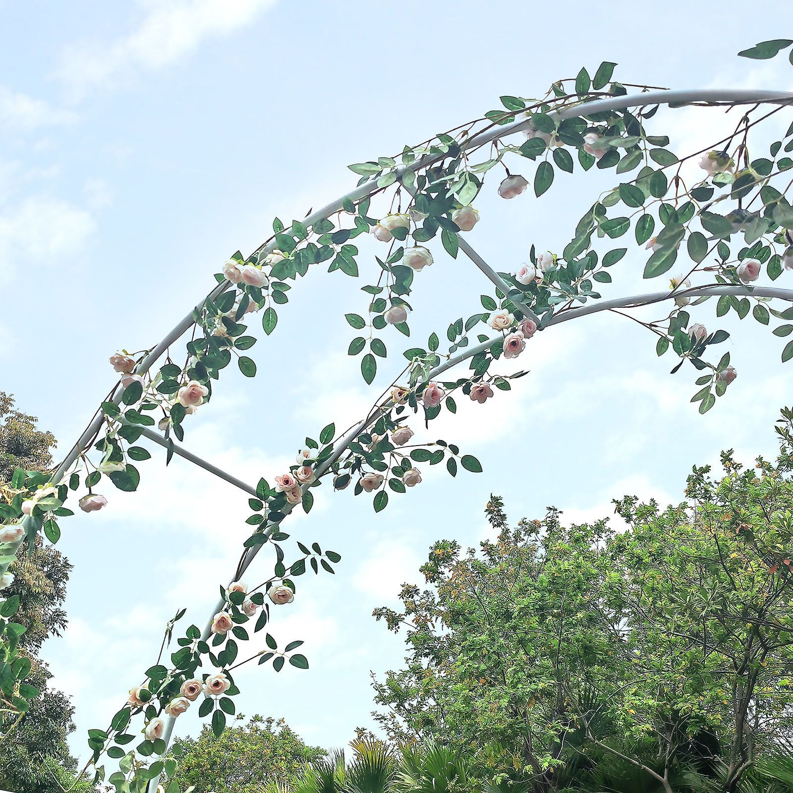 White Adjustable Garden Arch Trellis, Close Up on Trellis in Garden