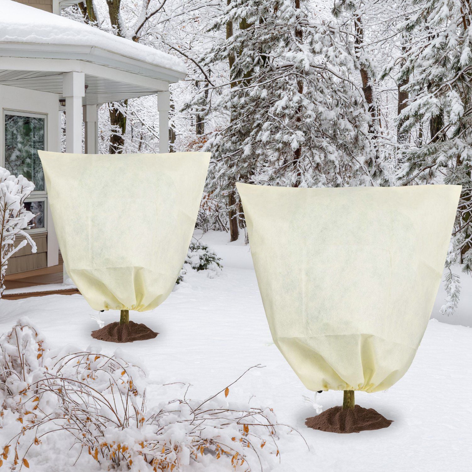 Plant Frost Cover Bags In A Snowy Garden