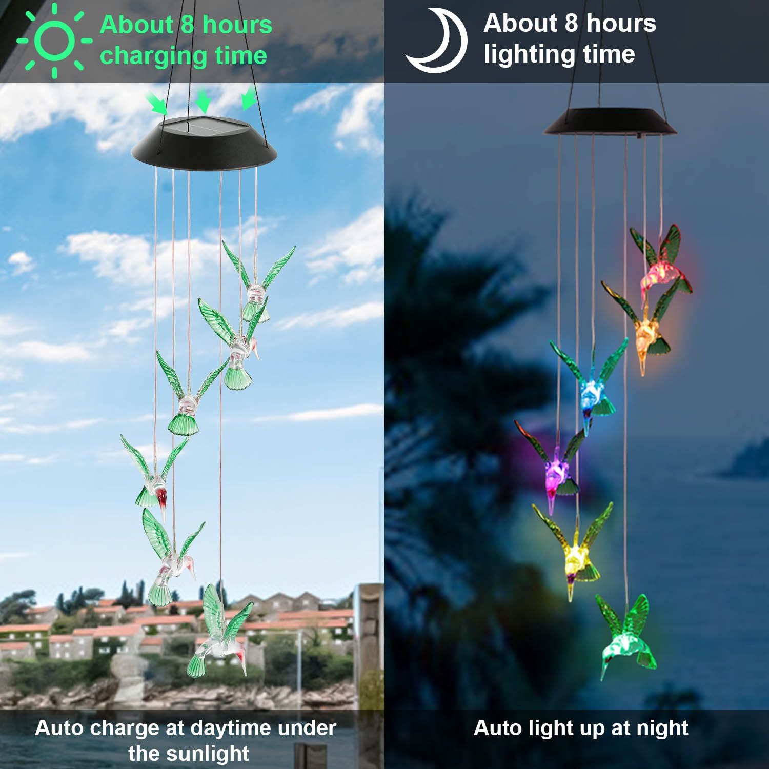 Solar Hummingbird Wind Chime Lights Charge & Lighting Times