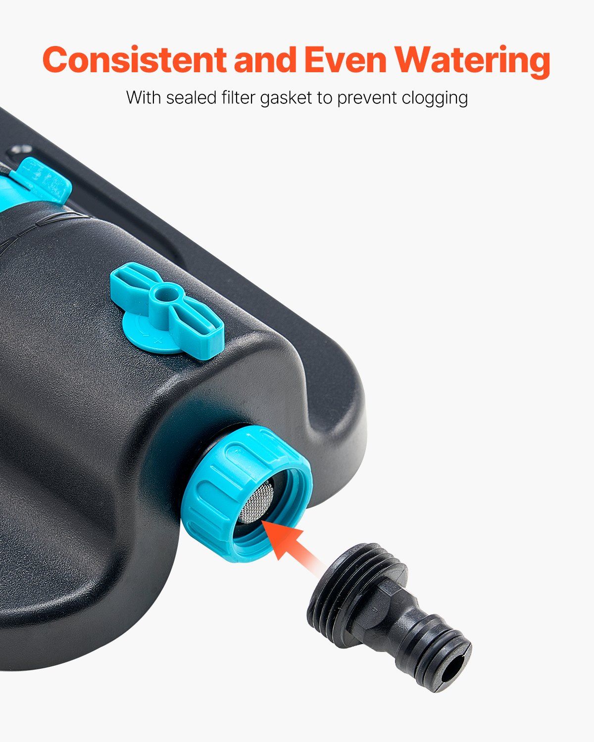 Large Coverage Oscillating Lawn Sprinkler Showing Filter for Water Coming In