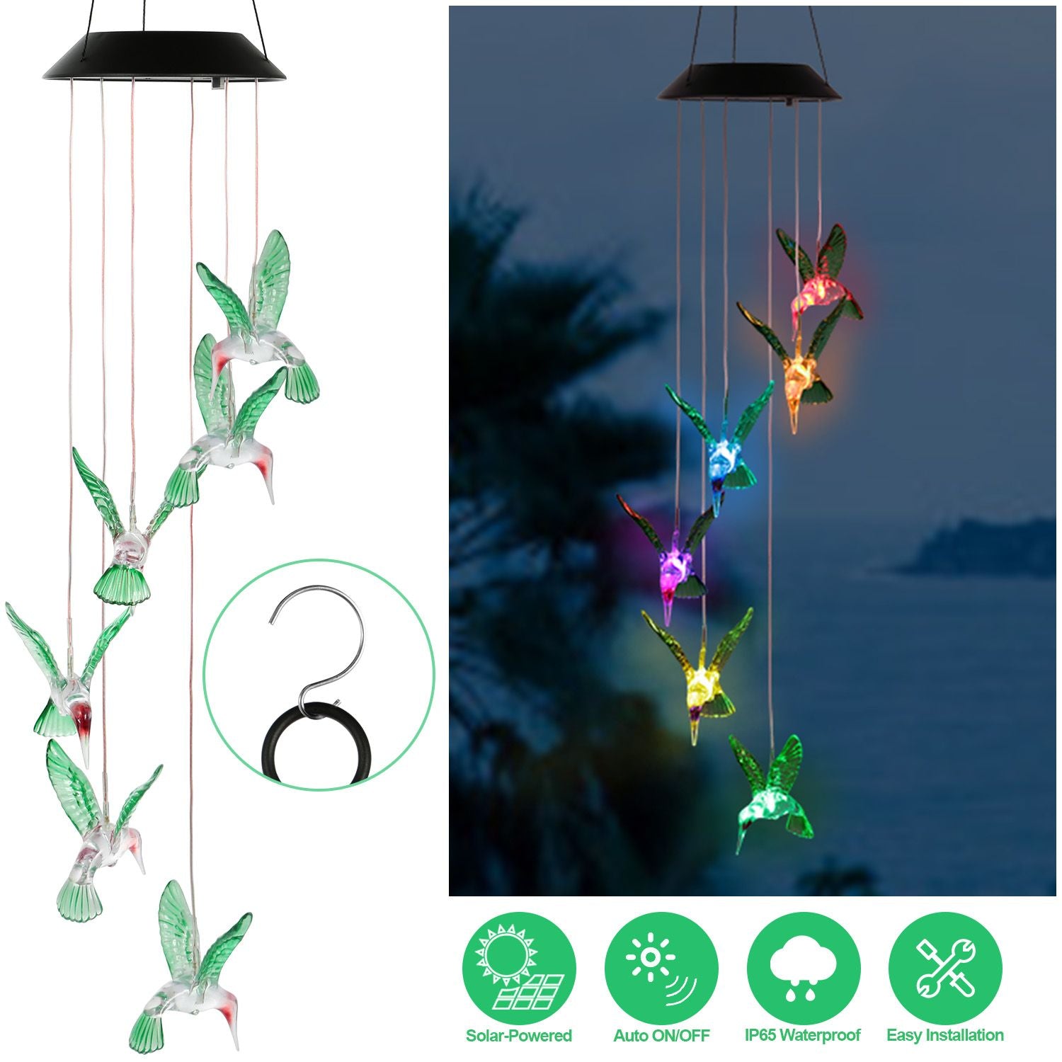 Solar Hummingbird Wind Chime Lights with Information