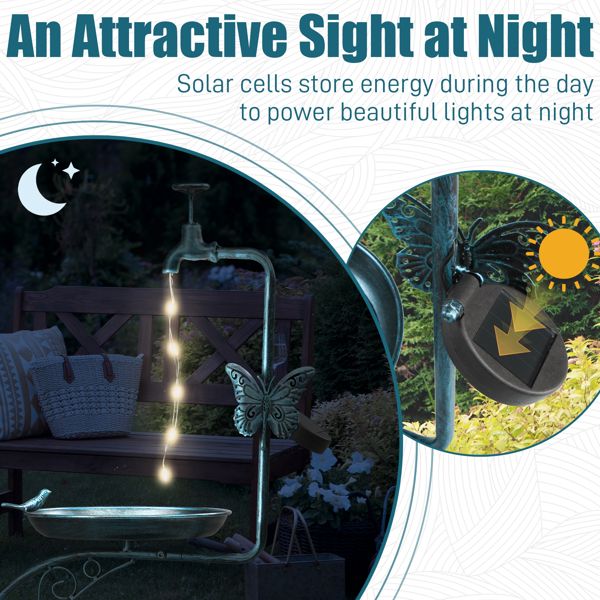 Vintage Metal Bird Bath with Solar Light and Planter Solar Information