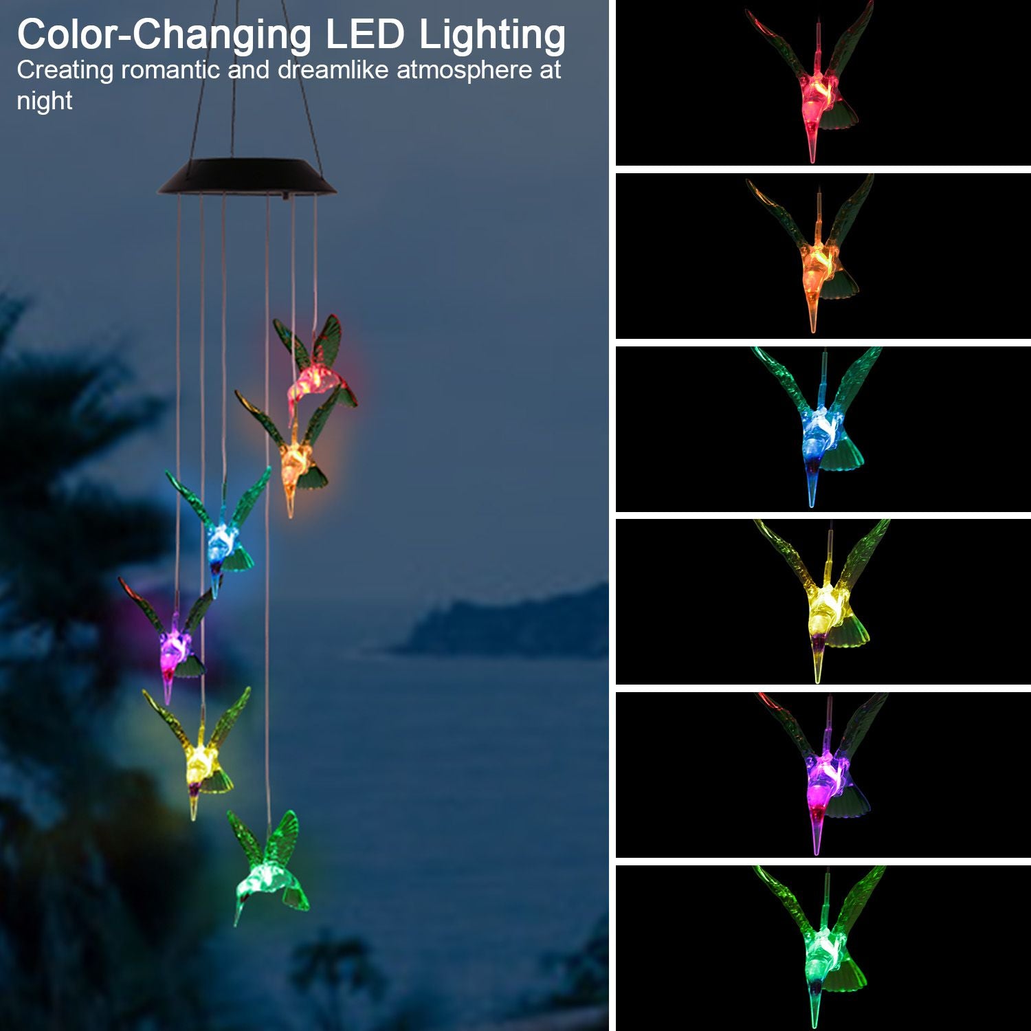 Solar Hummingbird Wind Chime Lights Showing Colors