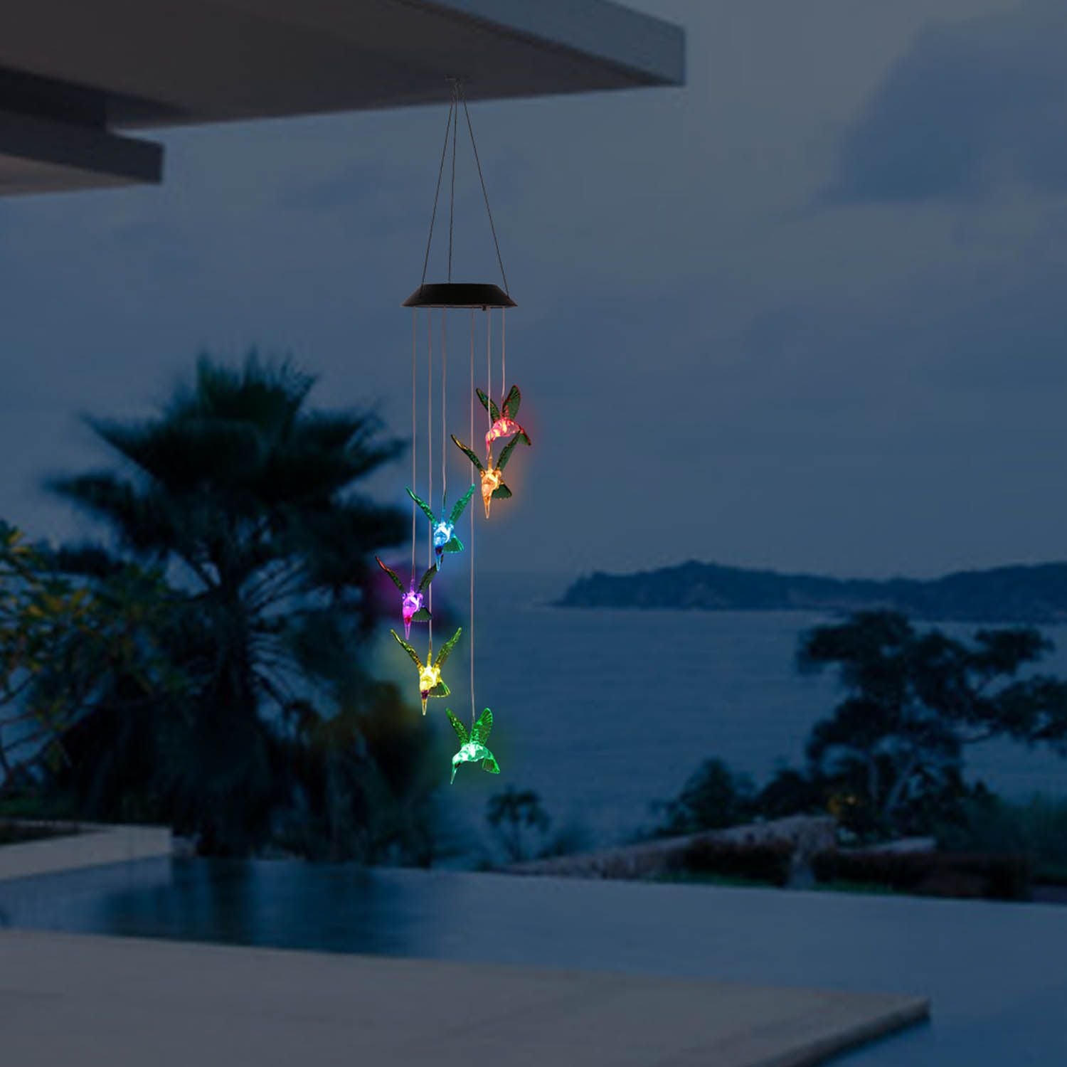 Solar Hummingbird Wind Chime Lights at Night