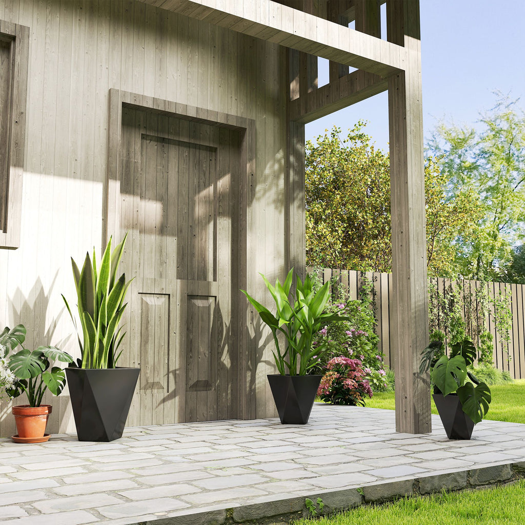 Modern Black Planters On Patio With Plants In